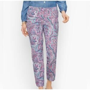 Talbots Perfect Crop Pant Slim Leg Paisley Pink Purple Cotton Button Hem 16